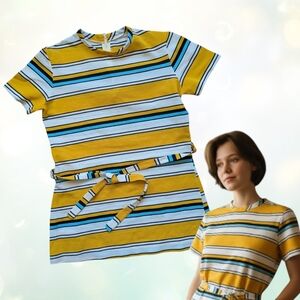 Vintage High Neck Teal And Yellow Striped Belted Tee